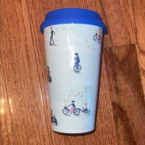 Anthropologie Blue 12 oz Ceramic Transportation Inspired Travel Coffee Tea Mug